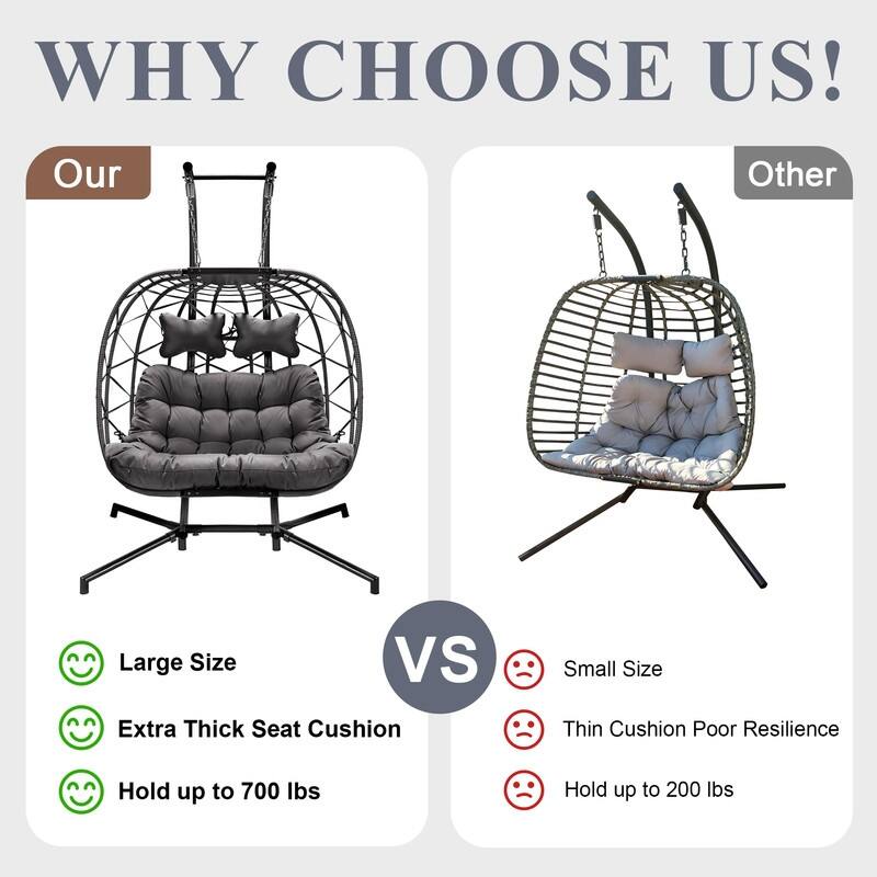 Oversized Outdoor Double Egg Hanging Chair with Cushions, 700 lbs Capacity Swing Chair for Indoor or Patio