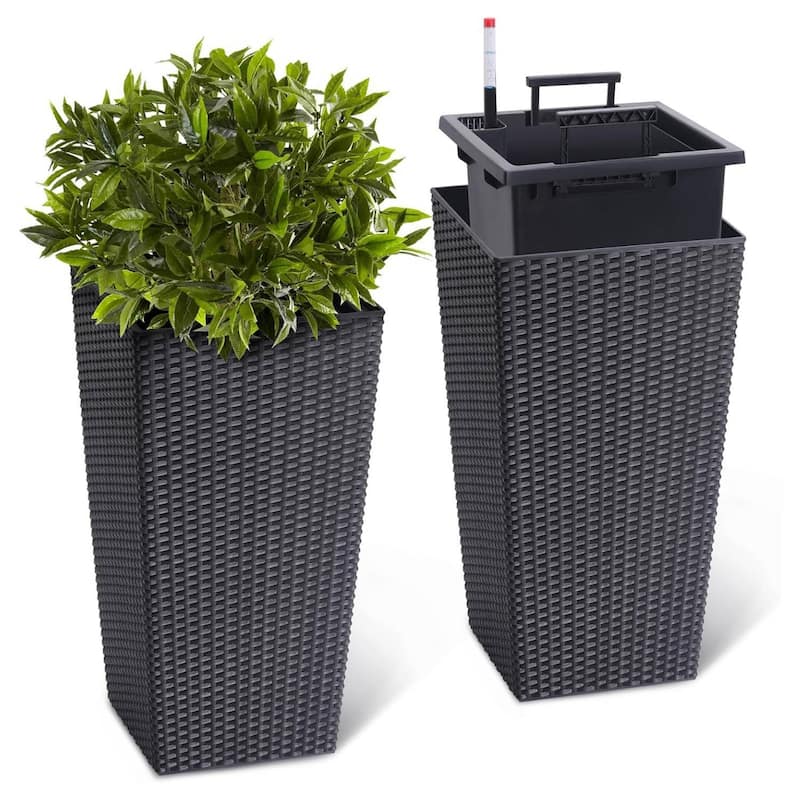 Set of 2 Garden Decor 22.5" Tall Indoor Outdoor Planters with Tray & Water Level Gauge - Black