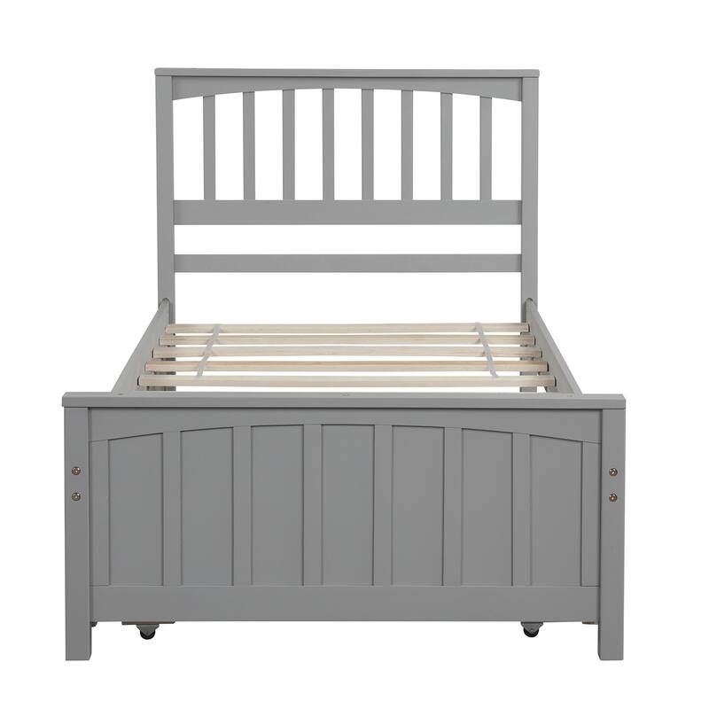Gray Twin Size Platform Bed with Trundle, Solid Pine Wood Frame