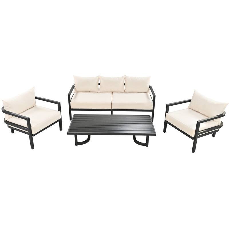4-Piece Patio Furniture Set, Outdoor Sectional Sofa Set Steel Conversation Set with Loveseat, 2 Armchairs and Coffee Table