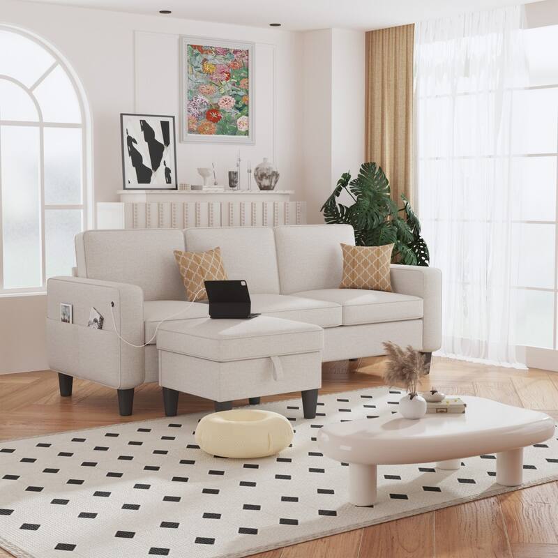 77.95" Linen Fabric Sectional Sofa with Storage Ottoman and USB Pocket