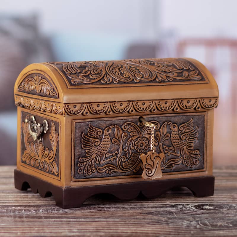 Novica Handmade Andean Flowers And Birds Cedar And Leather Decorative Box