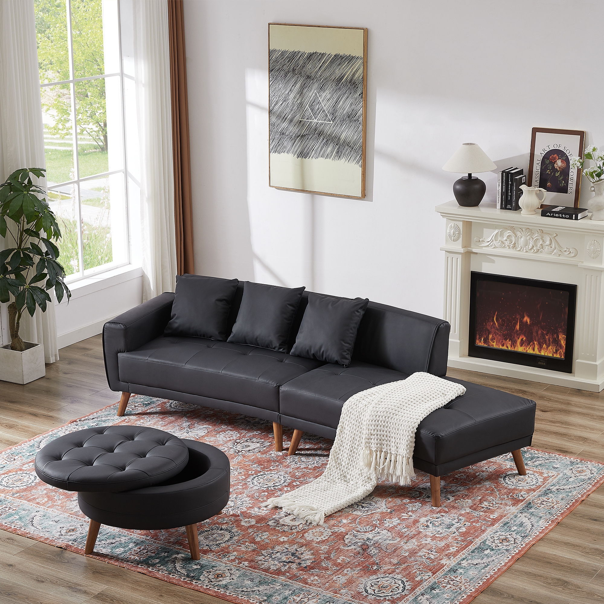 107 PU Leather Sofa Set w Ottoman 3 Pillows Rubber Wood Legs Black