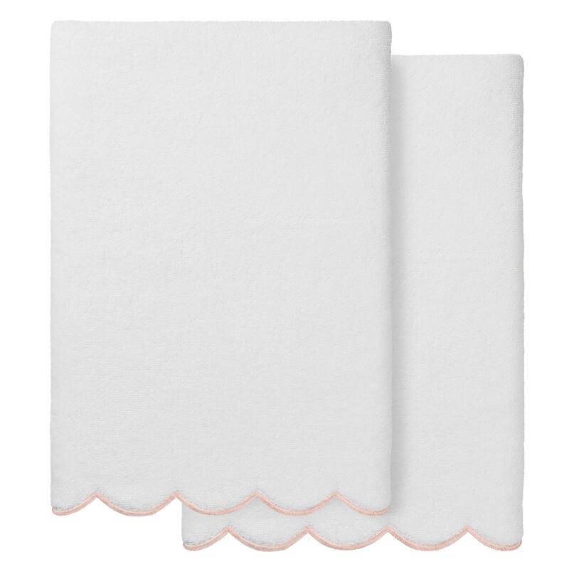 Authentic Hotel and Spa 100% Turkish Cotton ADORNIA Scallop Bath Towel - White/Pink - 2 Bath Towels
