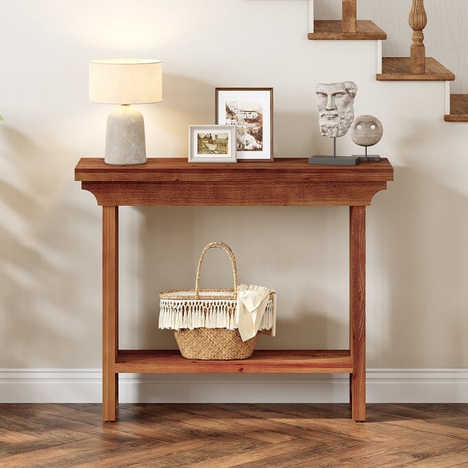 39.37" Solid Wood Console Table, Small Entryway Table with Shelf