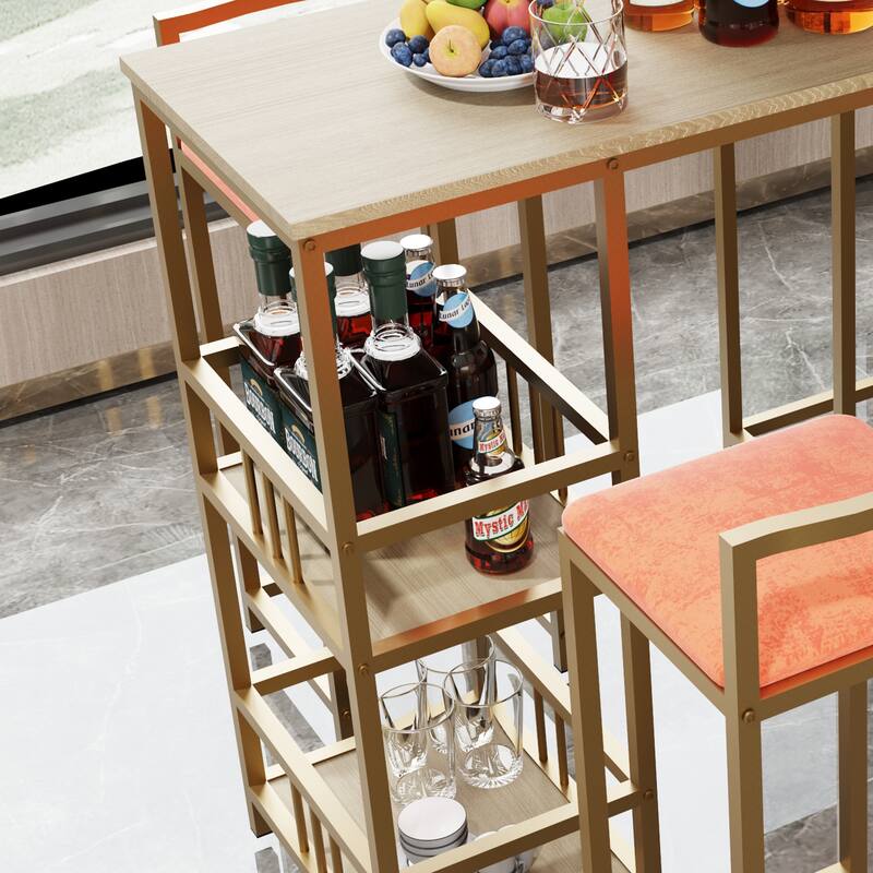 5 Piece Bar Table Set, Counter Height Kitchen Table Set, Metal Table and Chairs Set with 4 Upholstered Chairs & Storage Shelves