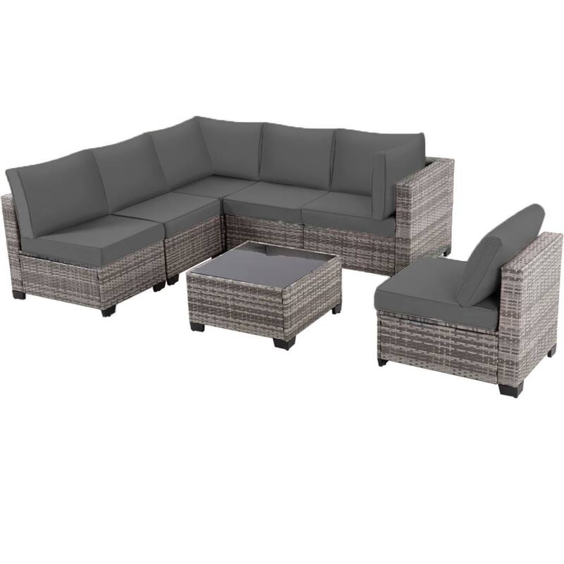 7-PC Wicker Patio Conversation Set with Brown Cushions, 6 sofas, 1 table