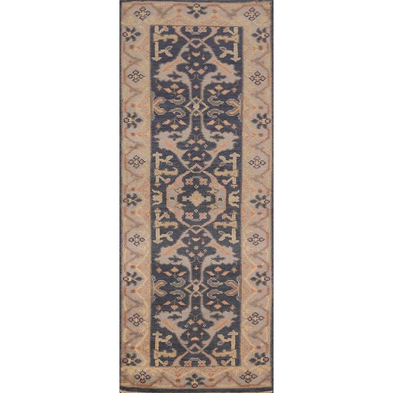 Blue Oushak Vegetable Dye Runner Rug Hand-Knotted Wool Carpet - 2'7" x 7'10"