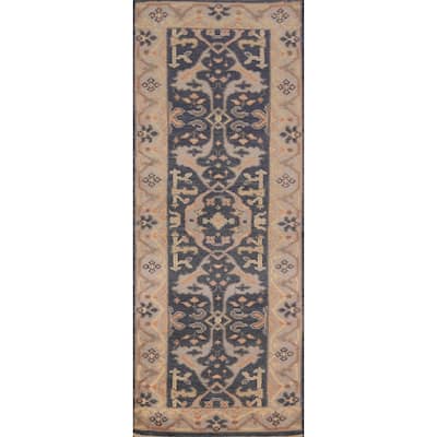 Blue Oushak Vegetable Dye Runner Rug Hand-Knotted Wool Carpet - 2'7" x 7'10"