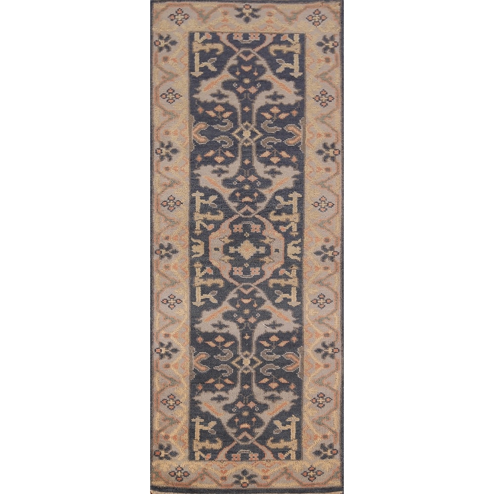 Blue Oushak Vegetable Dye Runner Rug Hand-Knotted Wool Carpet - 2'7" x 7'10"