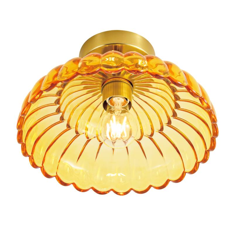 1-Light Vintage Brass Finish Metal Semi-Flush Mount Ceiling Light with Amber/Green/Grey/Clear Glass Shade for Kitchen, Hallway
