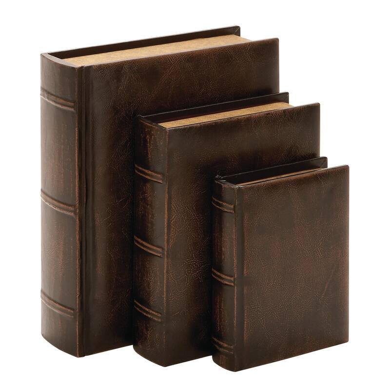 Brown Wooden Faux Storage Book Decorative Box with Faux Leather Detailing (Set of 3)