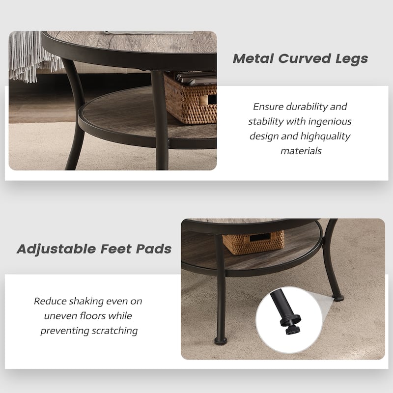 Myhozm Industrial Round Metal Coffee Table with Shelf for Living Room,Home Office and Bedroom