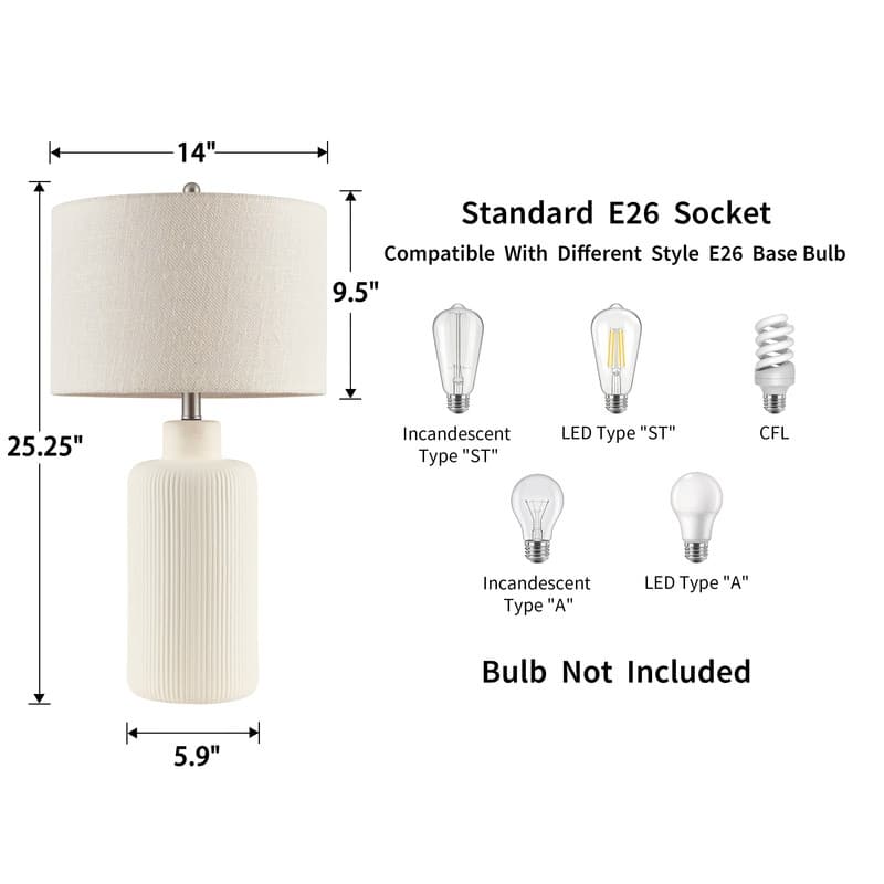 KAWOTI 25.25 inch White Ceramic Table Lamp - W14" x D14" x H25.5"