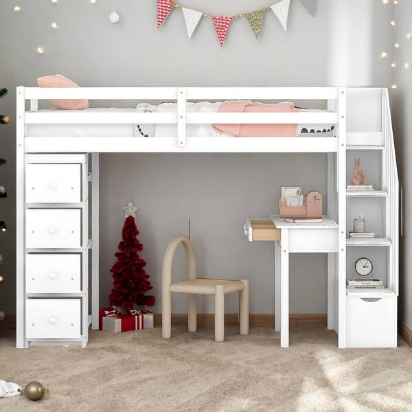 slide 2 of 30, Multi-Functional Twin size Loft Bed with Storage Drawers, Shelves, Desk and Stairs, Sturdy Construction & Unique Design White