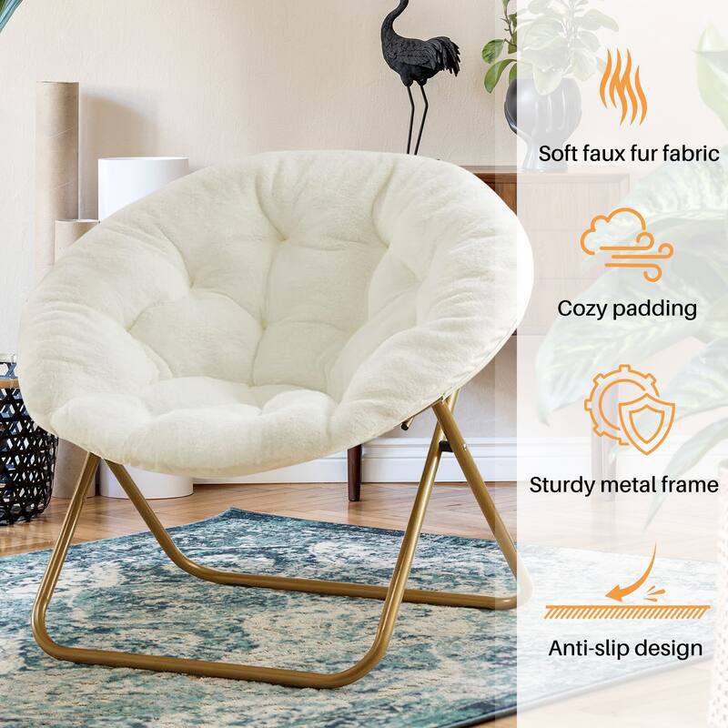 Cozy X-Large Faux Fur Saucer Chairs Folding Soft Thick Padded Seat Metal Frame for Bedroom Home Adults