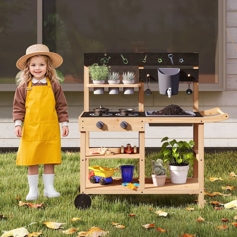 Gymax Mud Kitchen w/ Wheels Outdoor Fir Wood Play Kitchen w/