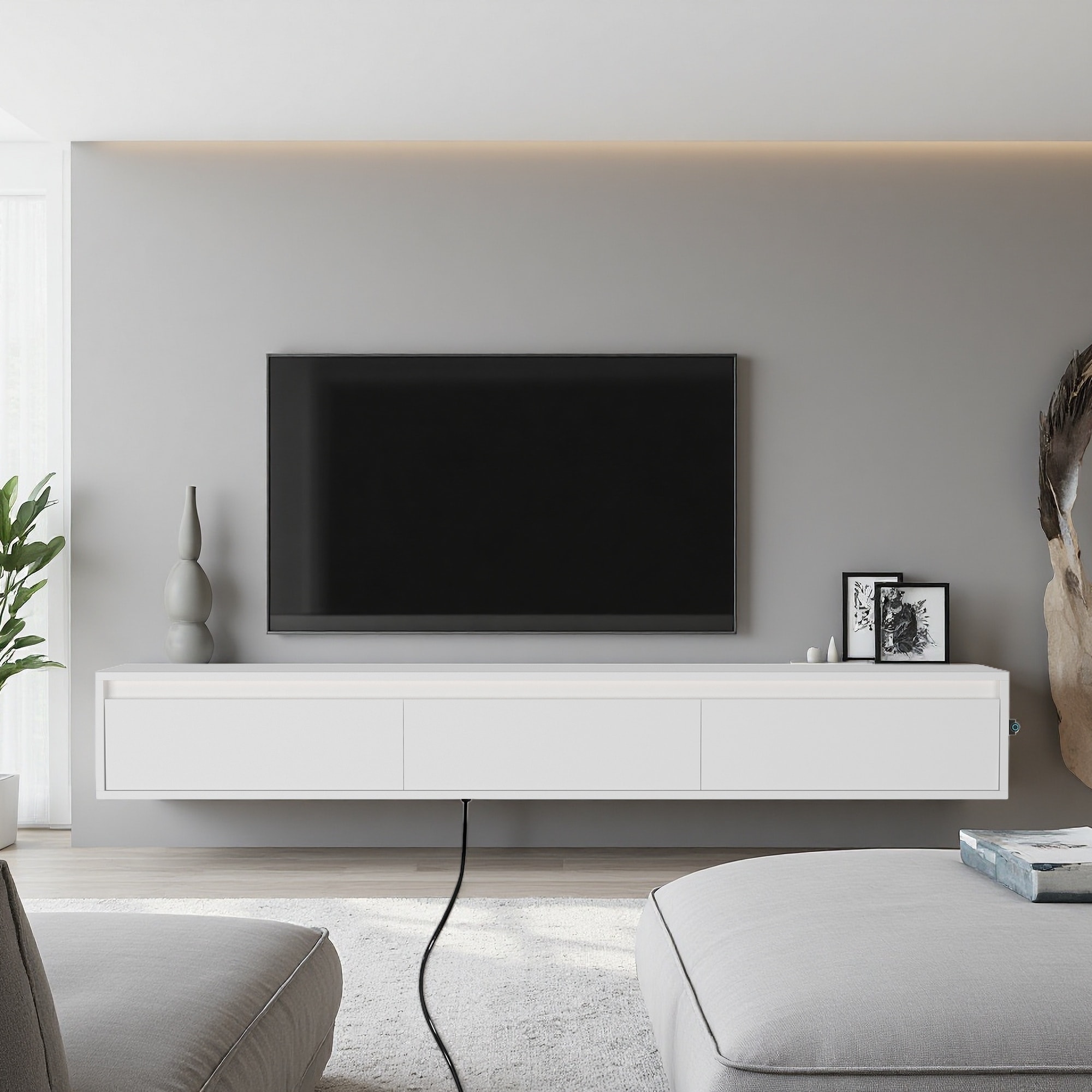 64" Floating Wall-Mounted TV Stand with Touch LED & Cord Management