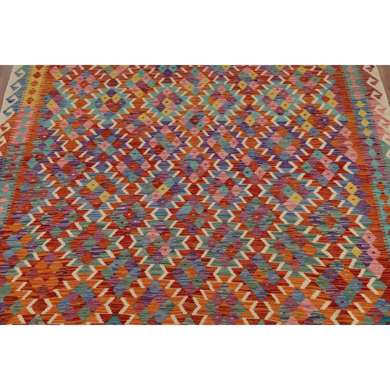 Reversible Kilim Oriental Area Rug Flatweave Orange Wool Carpet - 8'0" x 9'7"