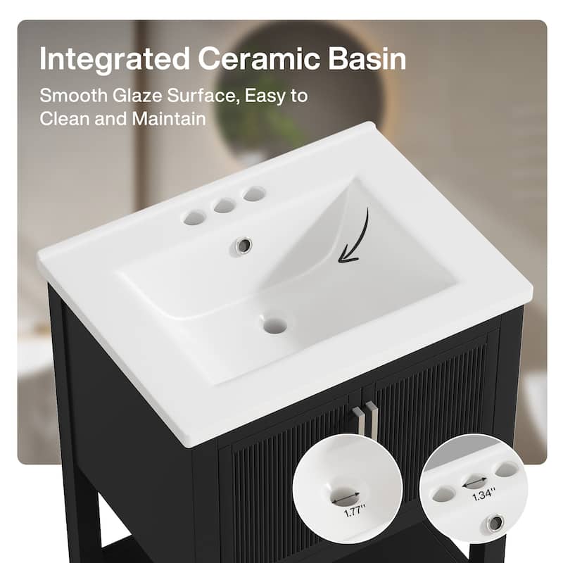 24" Single Bathroom Vanity with Ceramic Sink, Solid Rubberwood Frame & Open Storage Shelf