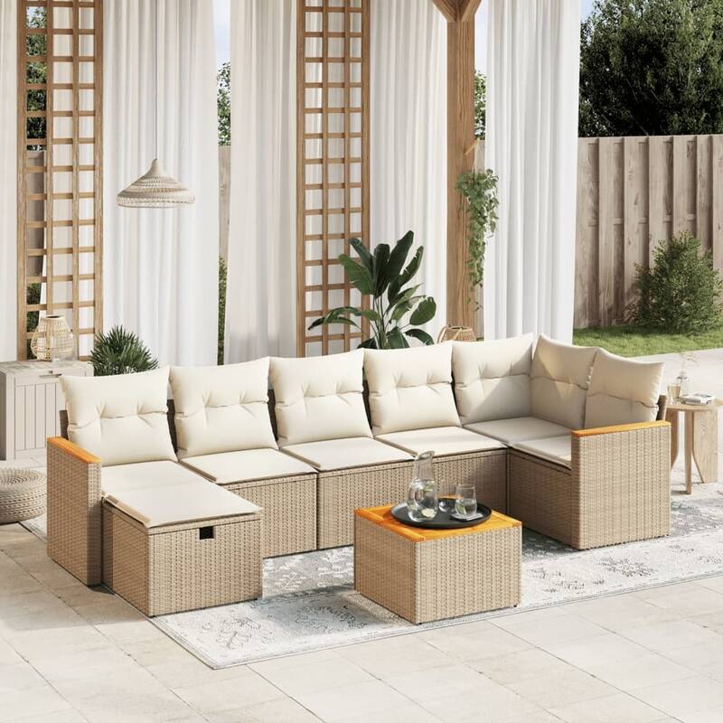 vidaXL Patio Sofa Set with Cushions Outdoor Conversation Furniture Poly Rattan - Beige and cream with table - 113.8 x 48.8 x 27.2 in