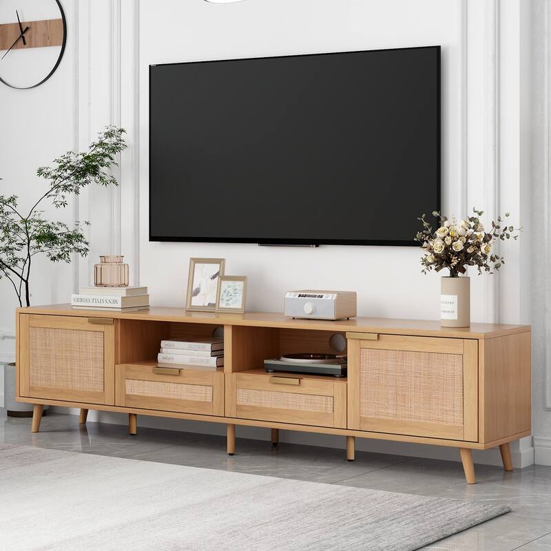 Modern Farmhouse Style Rattan TV Stand for TVs Up to 85" with 2 Storage Cabinets and 2 Open Shelves, for Living Rooms