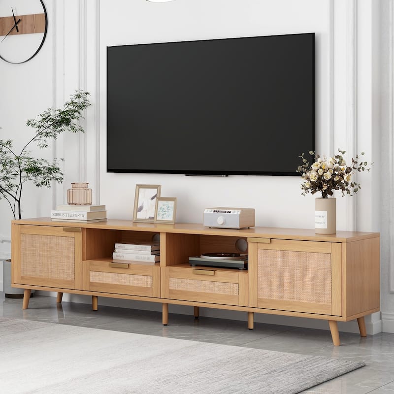 Rattan TV Stand for 85" TVs, Media Console with Solid Wood Legs, Spacious Storage, Cable Management