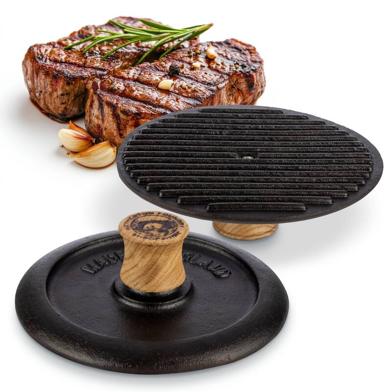 Classic Cuisine 7.25” Heavy-Duty Cast Iron Grill Press and Steak Weight - Black