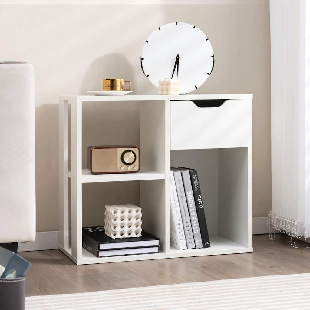 3-Cube Bookcase Organizer w/ Wooden Storage Shelf & Pull-out Drawer