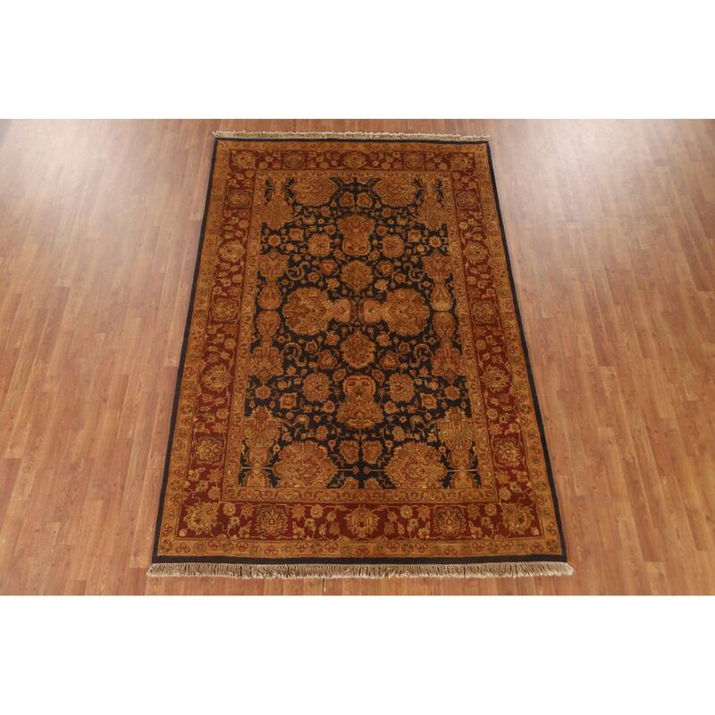 Navy Blue Floral Agra Oriental Area Rug Hand-Knotted Wool Carpet - 5'11" x 8'11"