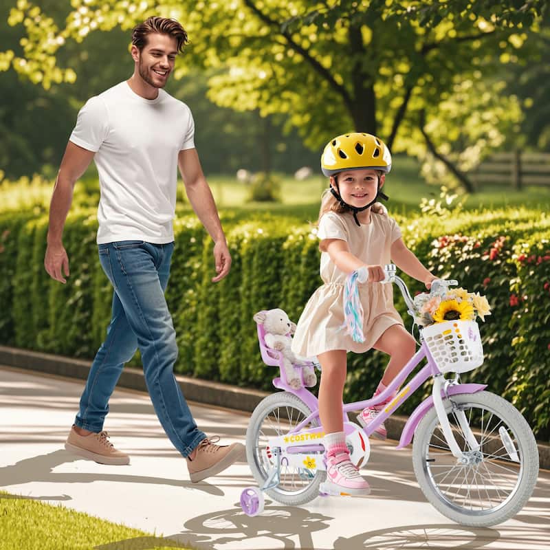 Kids Bicycle Purple Bike with Decorative Basket and Bell Training Wheels Included for Girls