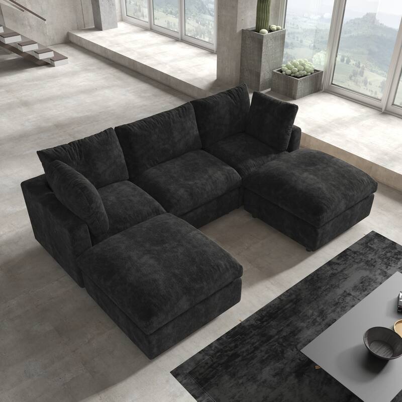 Minimalist U-shaped Upholstered Cloud Sofa 100.5" 3-Seater Chenille Modular Sectional Couch with 2 Ottomans for Living Room