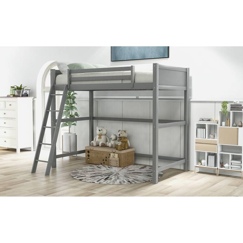 Modern Simple Style Twin Size Solid Pine Wood Loft Bed with Full Length Guardrail and Inclined Ladder