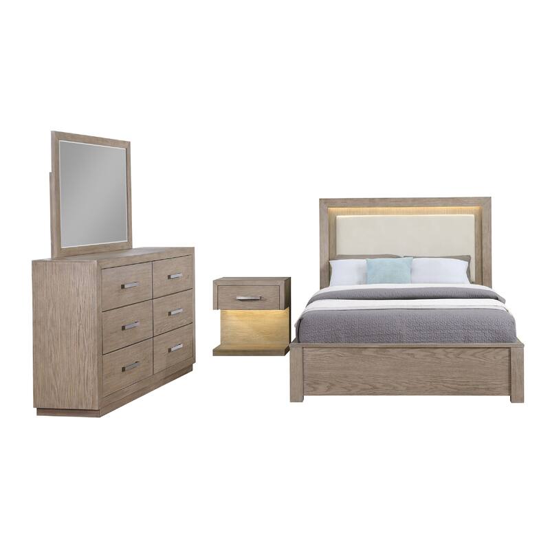 Keno 4pc Queen Bedroom Set, Underbed Storage, LED, Beige Upholstered