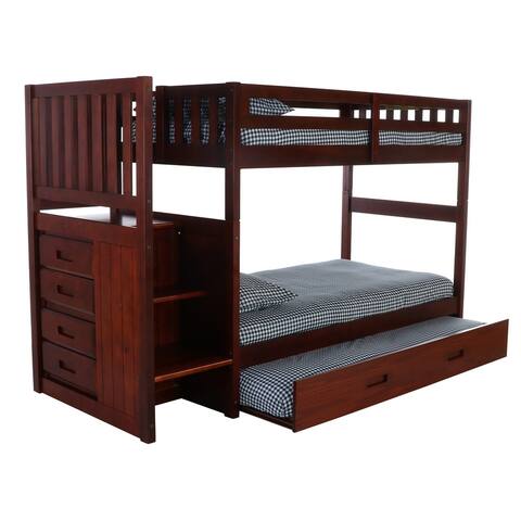 OS Home and Office Solid Pine Staircase Twin over Twin Bunk Bed with Four Drawer Chest and Twin Trundle Bed in Rich Merlot.