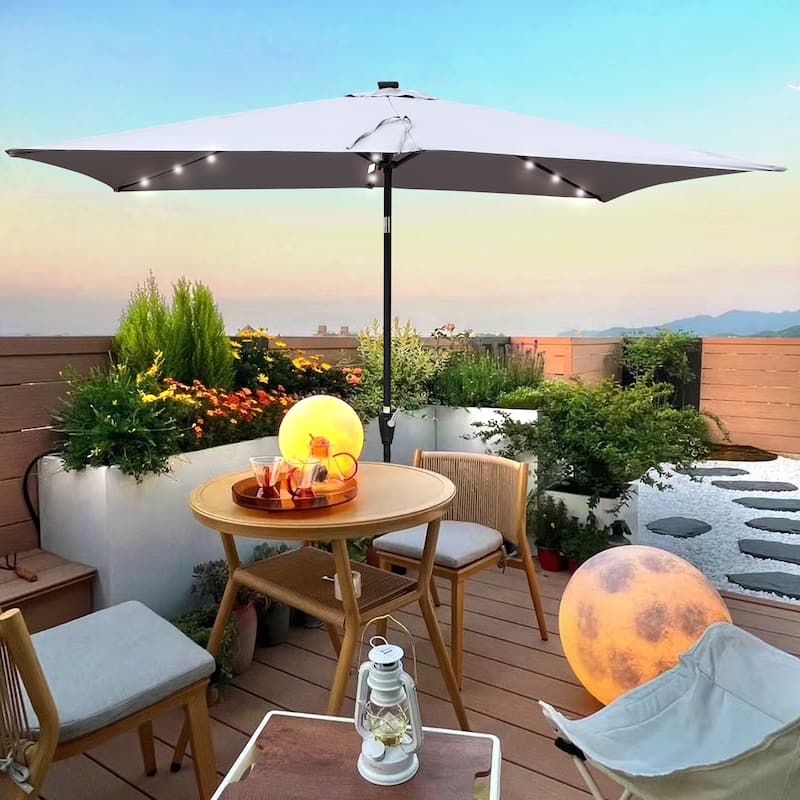 10x6.5ft Rectangular Solar LED Outdoor Umbrella with Crank and Tilt for Garden, Pool - Grey