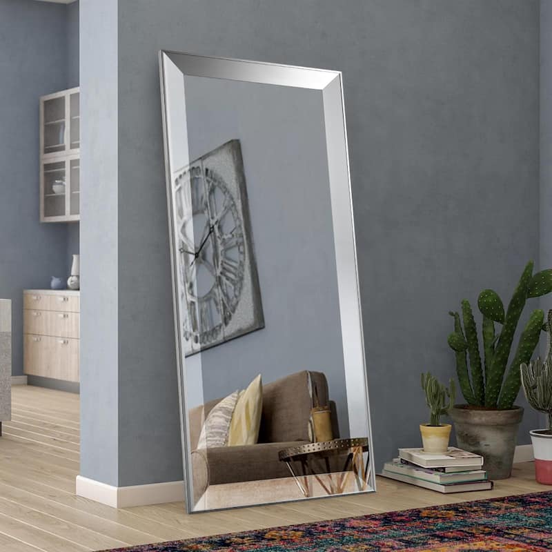 Metallic Stylish Beveled Reflective Silver Full Length Wall Mirror - Silver