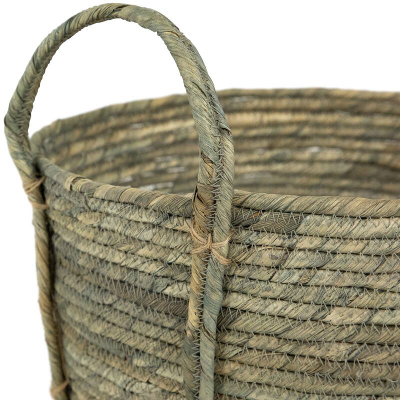 Set of 3 Gray Tall Seagrass Storage Baskets Sewn Zig Zag Accents 13"