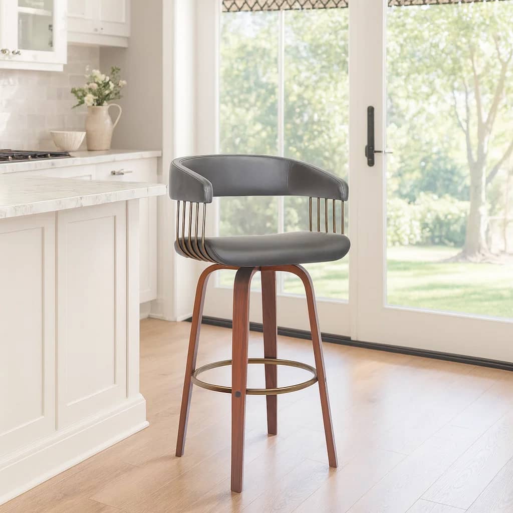 Maya 31 Inch Swivel Barstool Chair, Gray Faux Leather, Bronze, Walnut Brown