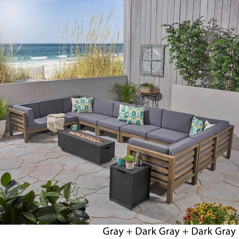 Malawi Outdoor 12-Piece U-Shaped Acacia Wood Sectional Sofa Set with Fire Pit by Christopher Knight Home