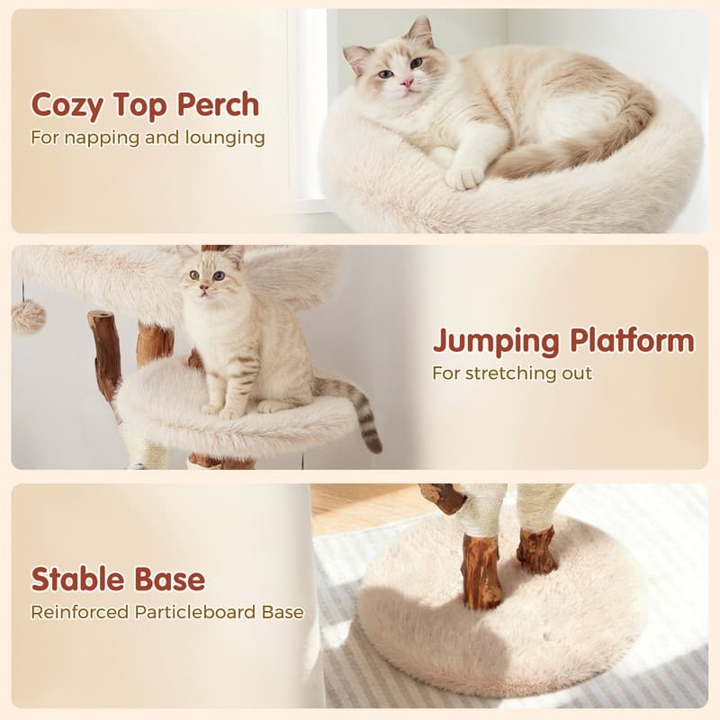 46"H Wood Cat Tree Tower with Scratching Posts, Modern Cat Furniture for Indoor Cats