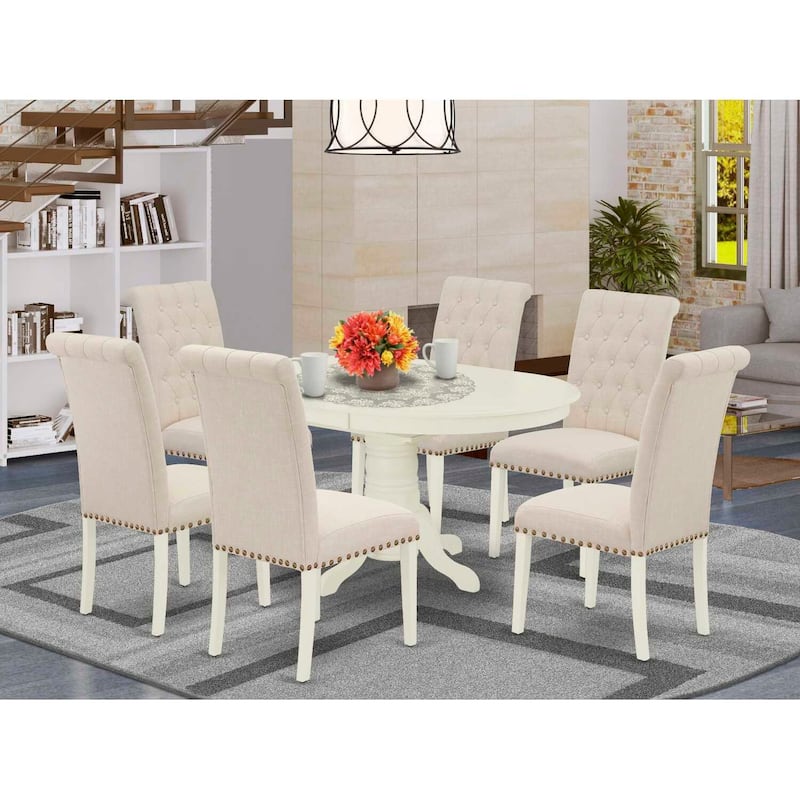 HomeStock 7-Pc Oval Linen White Finish Solid Wood Top Dining Table with 6 Parson-Chairs with Butterfly Leaf