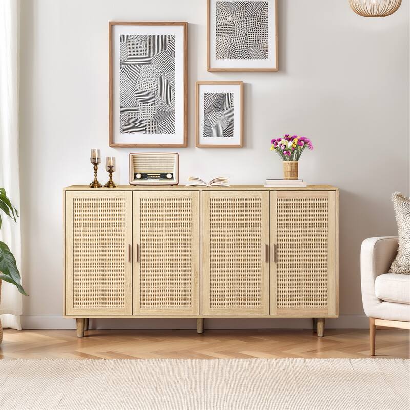 62.20" Modern Rattan Decorative Storage Cabinet with Solid Wood Legs, 4 Doors, Adjustable Shelves Versatile for Home,Office - Natural-1