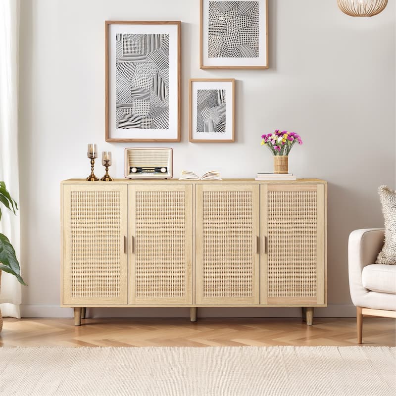 62.20" Modern Rattan Decorative Storage Cabinet with Solid Wood Legs, 4 Doors, Adjustable Shelves Versatile for Home and Office