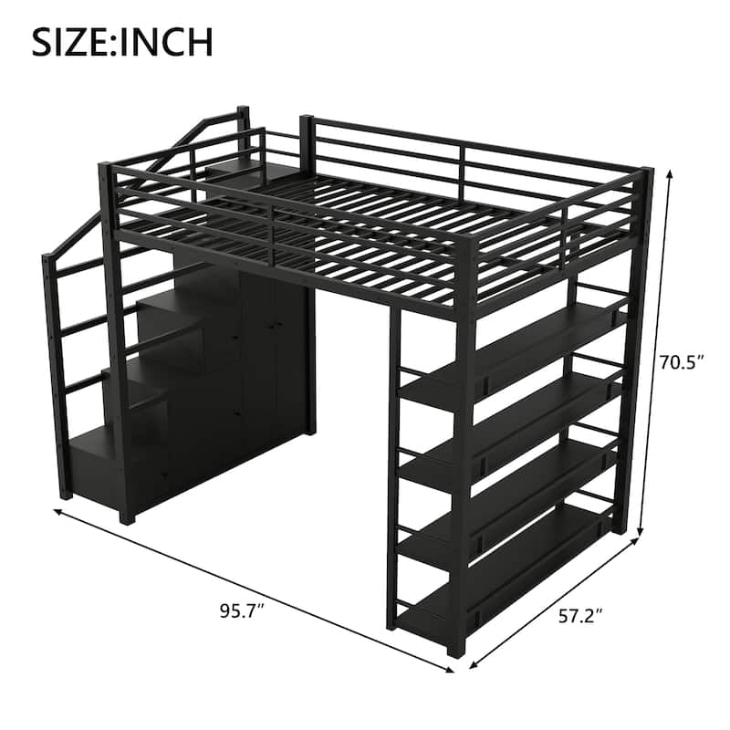 Full Size Metal Loft Bed Frame with Storage Shelves, All-in-one Cabinets and Wardrobe Storage Stairs, Black