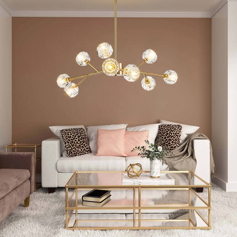 9/15/18-Light Modern Glam Gold Large Sputnik Cluster Crystal Globe Chandelier with Crystal Globe Shade