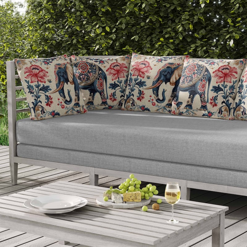 Botanical Elephant Indoor/Outdoor Reversible Throw Pillow Blue and Red