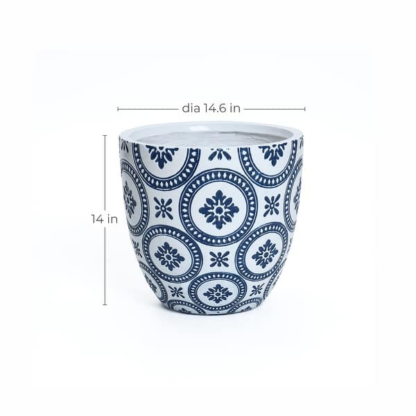 dimension image slide 0 of 3, Blue and White Flower Pattern Round Tapered Mgo Planter, Indoor and Outdoor