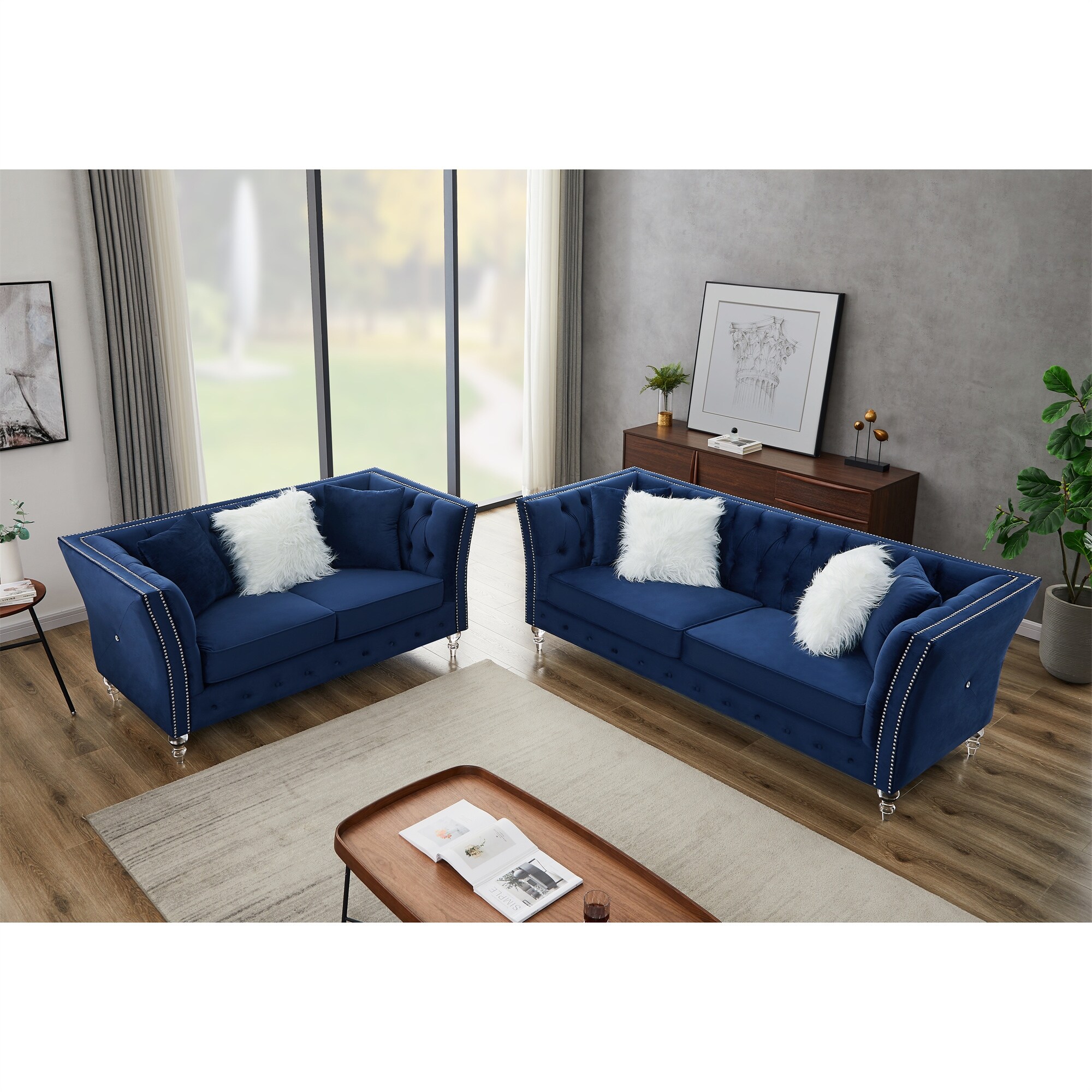 Velvet Sofa Set with Loveseat 3 seat Sofa Couch for Living Room Navy