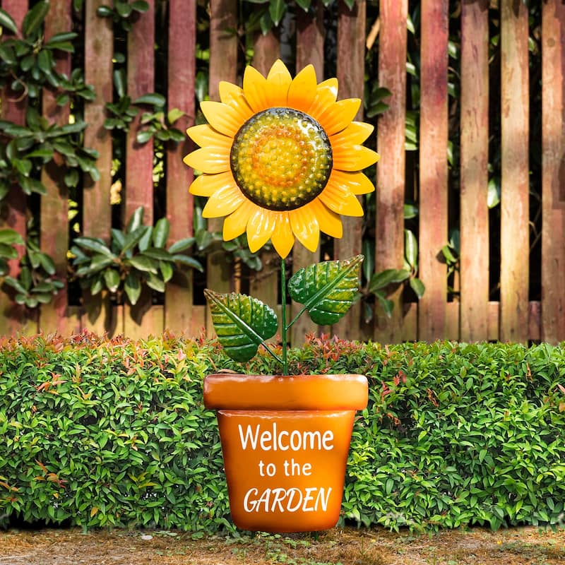 Glitzhome 36"H Metal Sunflower Yard Stake with Welcome to the Garden Word Sign